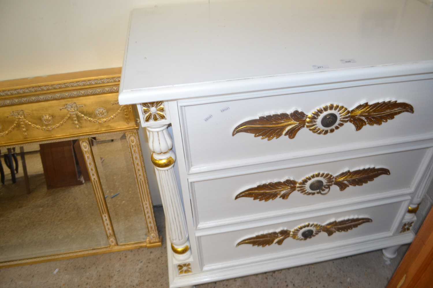 A modern white painted and gilt finish three drawer bedroom chest, 100cm wide