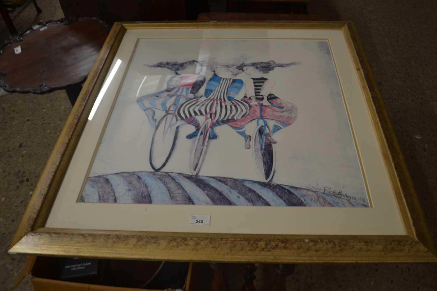 After Rodo Boulanger coloured print, three unicyclists, framed and glazed