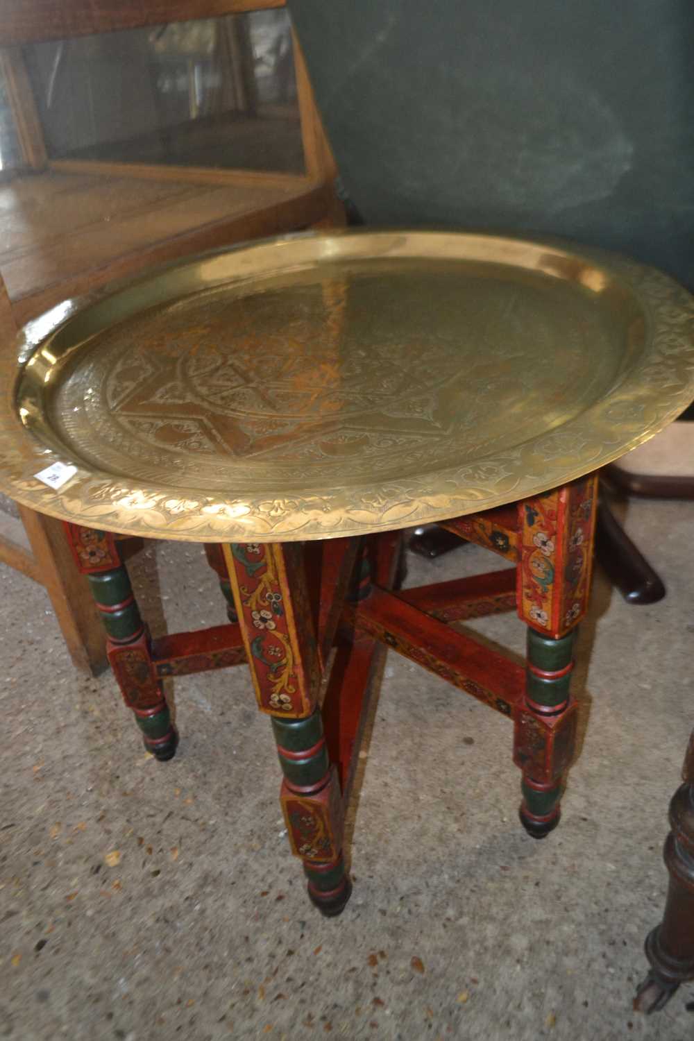 Brass Bonares type tray top table with painted folding base, tray 70cm wide