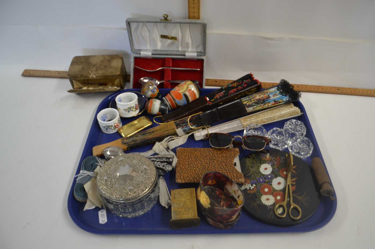 Mixed Lot: Various fans, crested spoons, glass salts and other assorted items