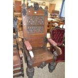 Late 19th Century oak gothic style throne chair with carved back, 140cm high