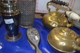 Silver plated cocktail shaker plus vintage soda syphon, a dressing table brush and two brass