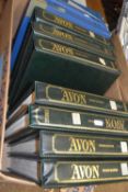 One box of stamp albums to include green Avon stamp albums containing a range of various world