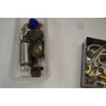 One box of mixed items to include assorted pocket watches, brass buttons, table lighter etc