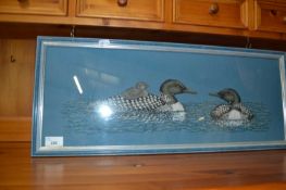 Needlework picture of loons, framed and glazed