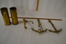 Mixed Lot: Three small brass anchors together with a pair of brass shell cases