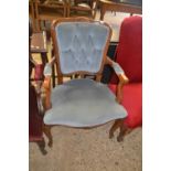 Reproduction blue upholstered button back armchair