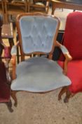 Reproduction blue upholstered button back armchair