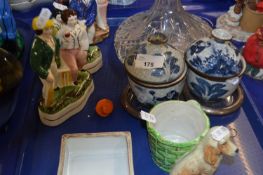 Mixed Lot: Staffordshire figures, various ornaments, flat bottom decanter etc