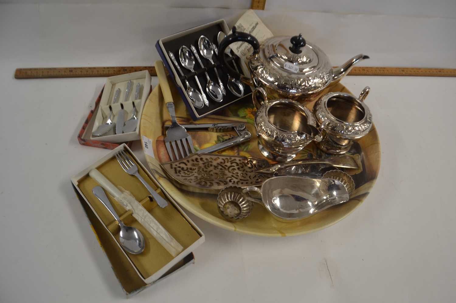 Mixed Lot: Silver plated tea set, various cutlery, fish server etc