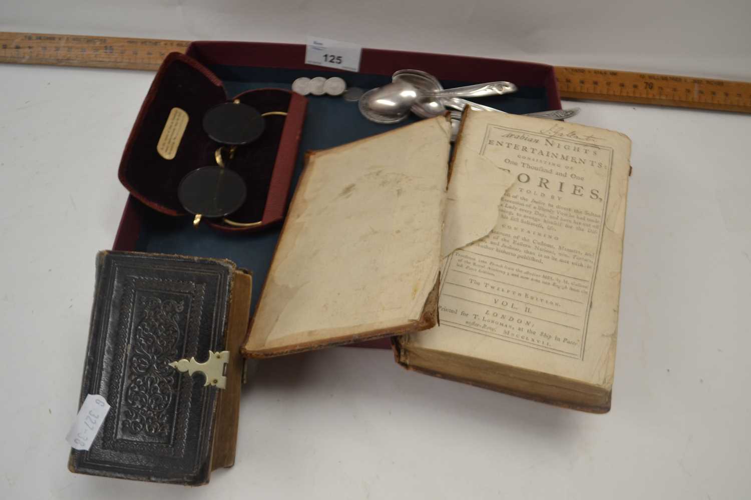 Mixed Lot: Teaspoons, vintage spectacles, miniature volume Church Services, a 18th Century leather