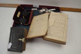 Mixed Lot: Teaspoons, vintage spectacles, miniature volume Church Services, a 18th Century leather