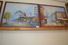 Contemporary school, two studies of street scenes, oil on board