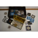Box of various British commemorative crowns and other coinage, vintage RAC badge