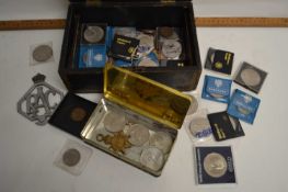 Box of various British commemorative crowns and other coinage, vintage RAC badge