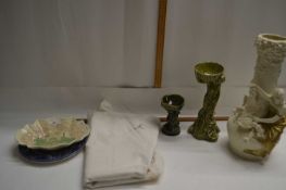 Mixed Lot: Continental vase with figural mount, a Roys Bakery bowl, green pedestal flower stand,