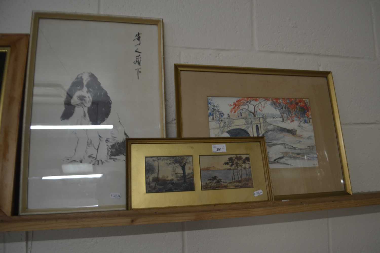 Mixed Lot: Pair of small watercolours in one frame together with a further watercolour of figures on