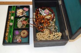 Leather mounted jewellery box containing various costume jewellery