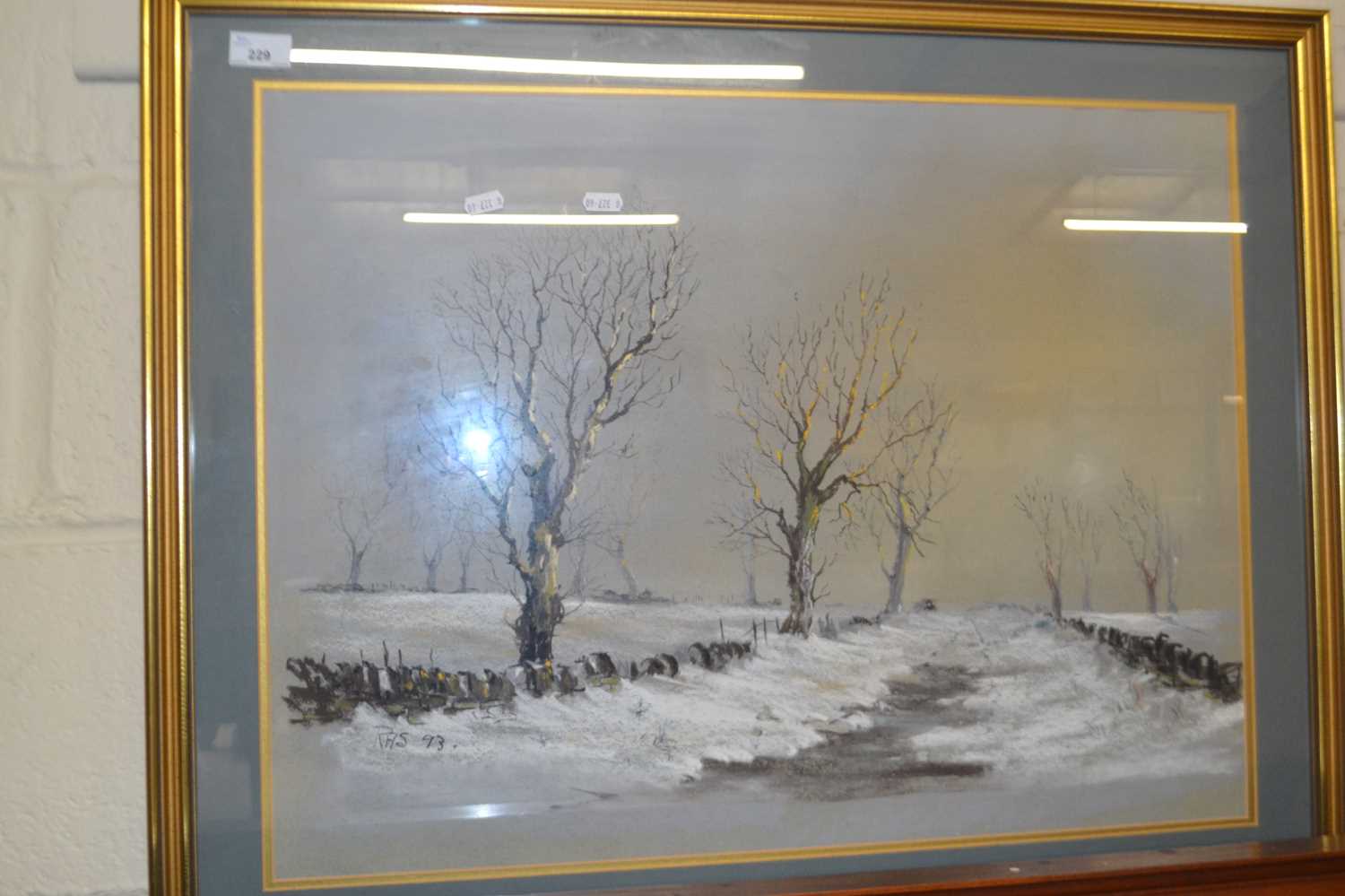 Contemporary school study of a country lane in winter, initialled RHS and dated 93, framed and