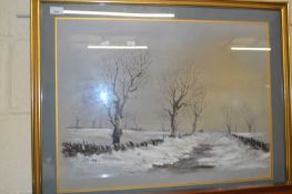 Contemporary school study of a country lane in winter, initialled RHS and dated 93, framed and