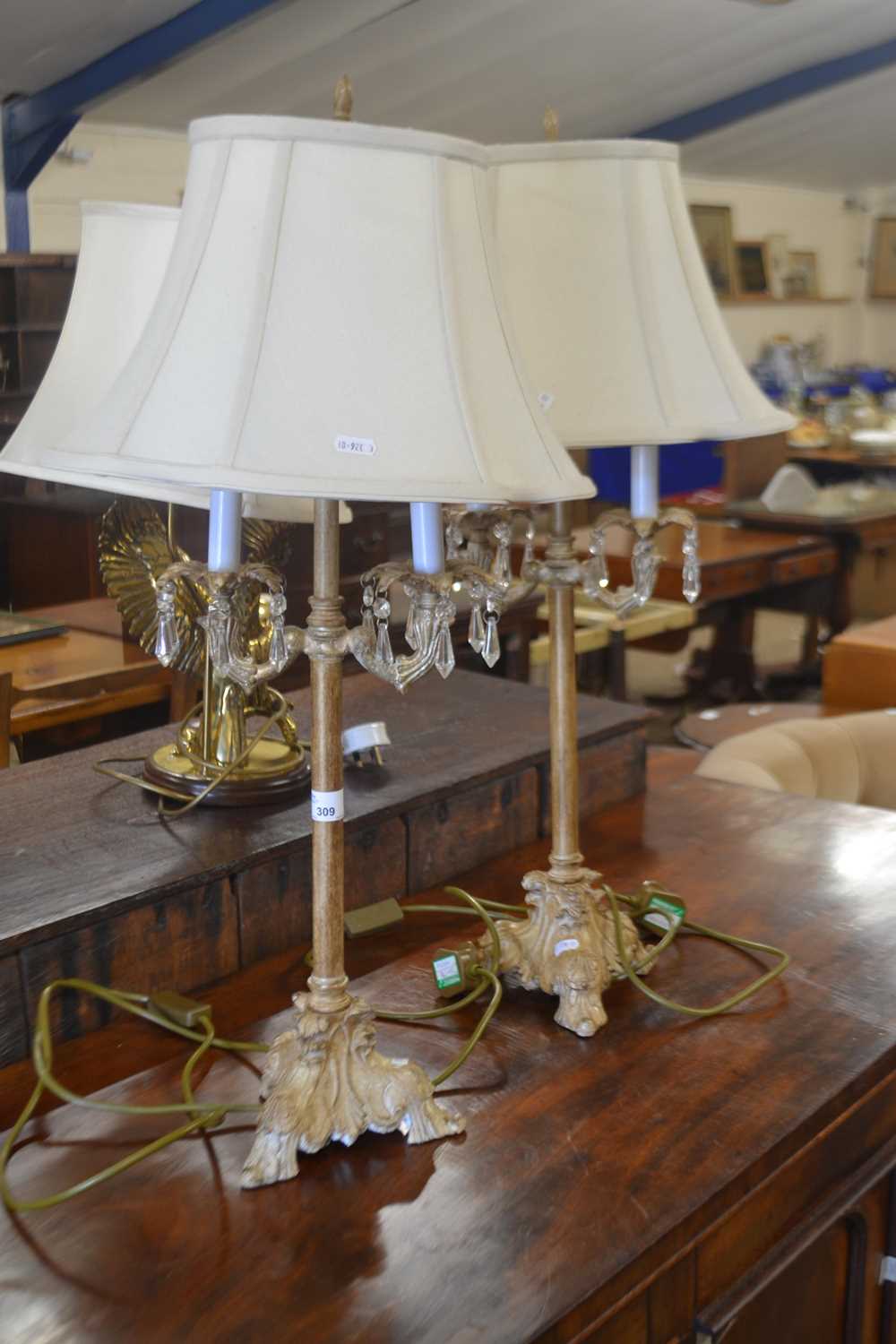 Pair of contemporary double light table lamps with glass drapes