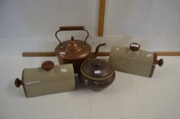 Mixed Lot: Two stone ware hot water bottles, copper kettle and a stone ware pot