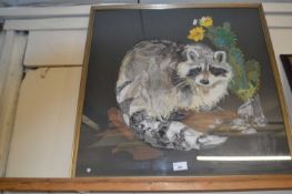 Contemporary needlework and gauze picture of a racoon, framed and glazed