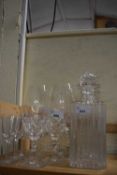 Mixed quantity of glass ware to include two decanters, large wine glasses, spirit glasses etc
