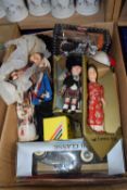Box of various assorted costume dolls, toy vehicles etc