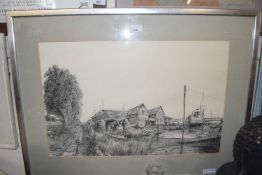 Pencil and charcoal sketch of a boatyard, framed and glazed