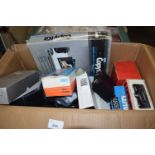 Box of assorted cameras, image and picture viewers