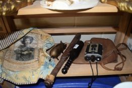 Mixed Lot: Decorated cushion cover, wooden truncheons, brass piggy bank and a vintage Kodak camera