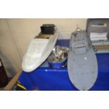 Motorised white pond yacht together with a grey scratch built pond yacht with assorted