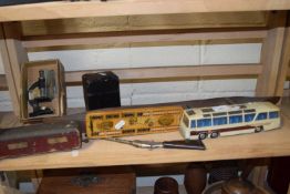 Mixed Lot: Small inlaid cribbage board, miniature microscope, boxed playing cards, large boat formed