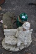 Three garden ornaments to include a green glazed frog