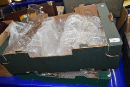 Two boxes of assorted drinking glasses to include wine glasses, spirit glasses, brandy balloons