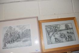 Two contemporary charcoal studies, Grazing Cows and a rural scene (2)