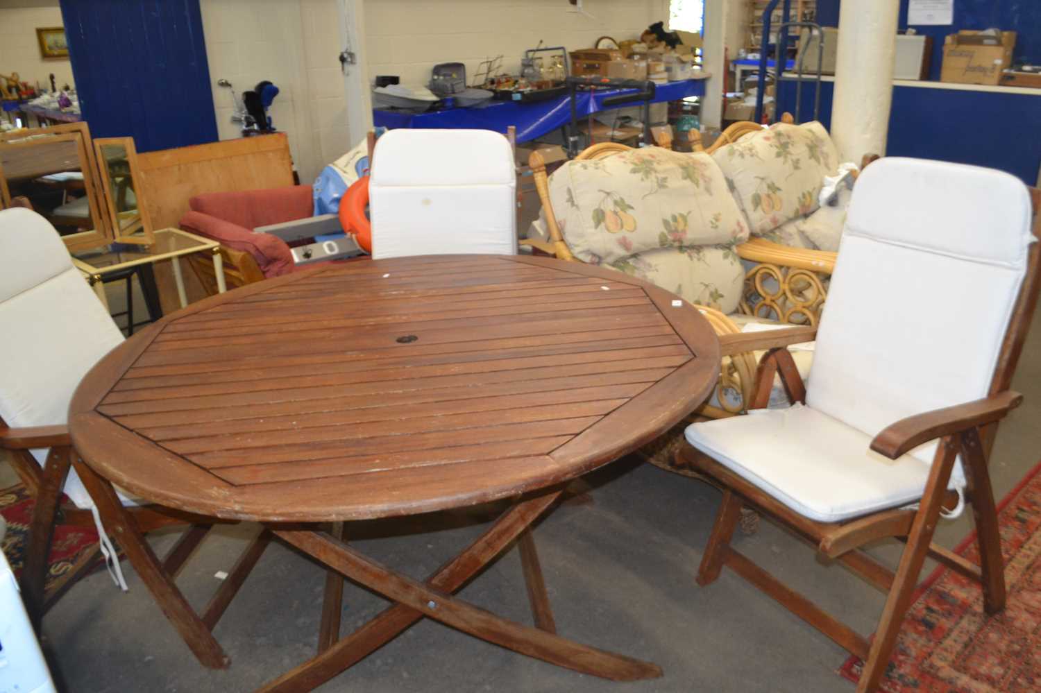 Round wooden folding garden table and three matching chairs together with three cream lounger - Image 2 of 2