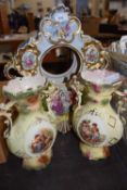 Ceramic clock garniture with transfer decorated and hand finished decoration with gilt trim together