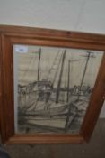 Charcoal study of fishing boats, framed and glazed