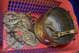 Box of various assorted horse brasses, brass planter etc