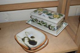 Portmeirion Botanic Garden butter dish together with two Studio Pottery dishes