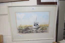 Boat on shore by Paul Stafford, watercolour, framed and glazed