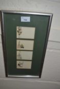 Framed set of four French perfume cards, circa 1925 framed and glazed