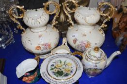 Pair of floral decorated and gilt trim vases together with a character jug and other ceramics