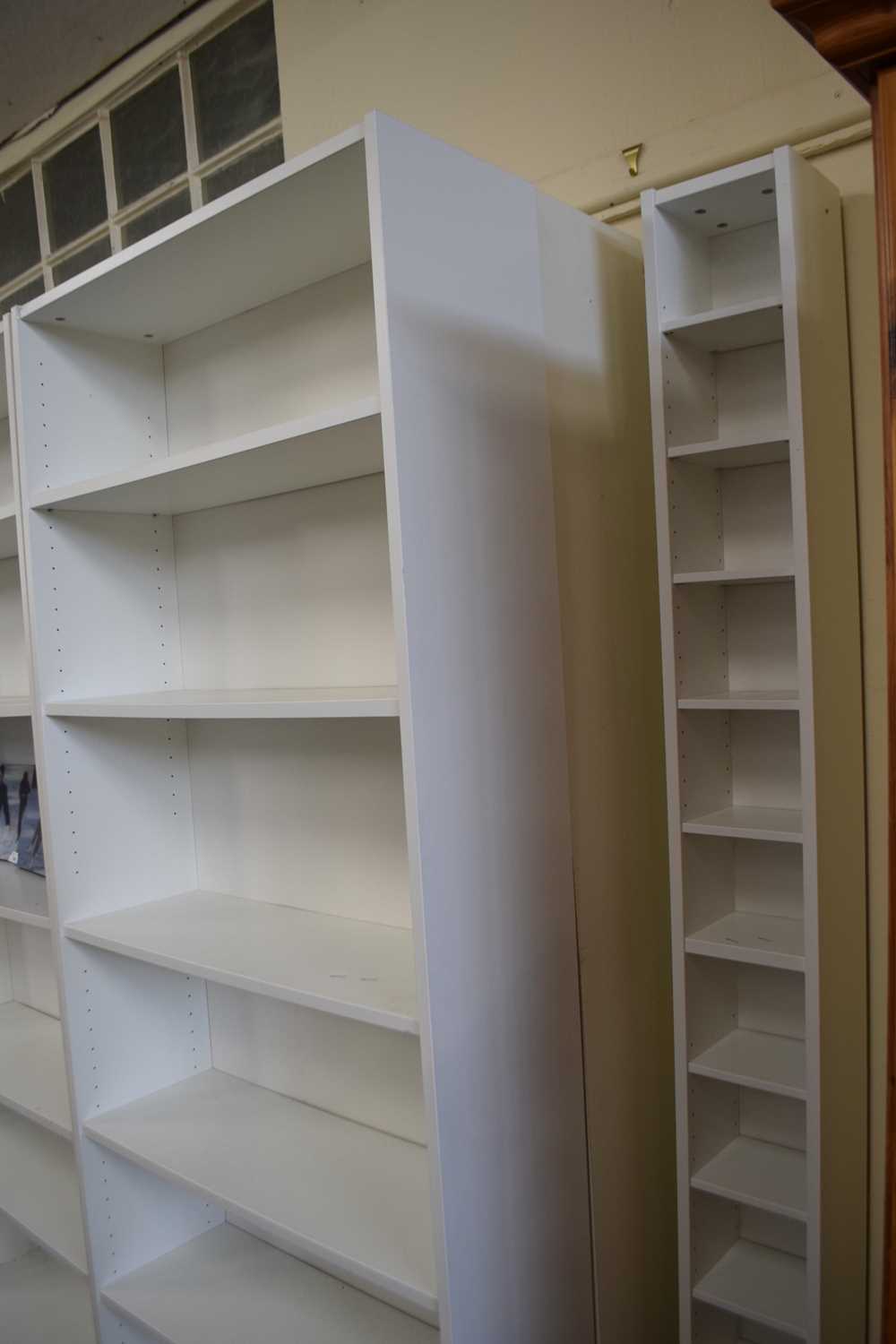Eight white melamine Ikea style bookshelves together with a similar CD rack (9) - Image 2 of 2