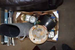 Mixed Lot: Coal scuttle, frosted ceiling shade, cameras, metal wares and other items
