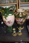 Two large green gilt and floral decorated vases together with a pair of ceramic and gilt metal