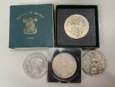 Cased Festival of Britain five shilling piece and others