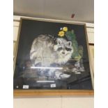 Contemporary needlework and gauze picture of a racoon, framed and glazed